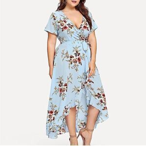 Blue floral short sleeved wrap style maxi dress with ruffled hi-low hem size XXL